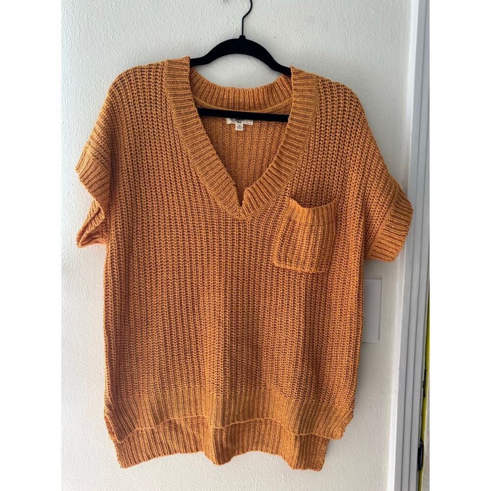 Knit sweater v neck top with pocket, orange, size M